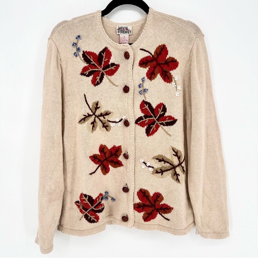 Vintage Embroidered Autumn Fall Knit Cardigan Sweater Leather Buttons Nature